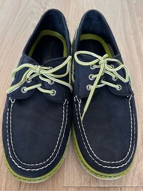 Sperry Navy Boat Shoes with Lime Green Accents